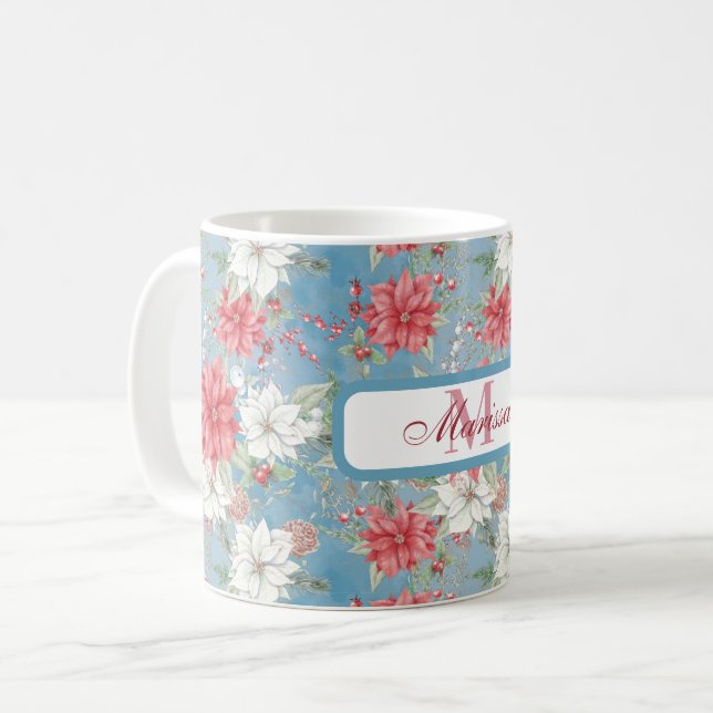 Holiday Poinsettia Floral Mug on Blue Personalised (Front Left)