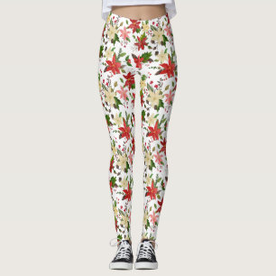 Holiday Poinsettia Holly Red Christmas Pattern  Leggings