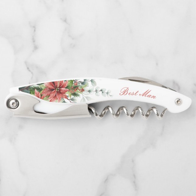 Holiday Poinsettia Personalised Wedding Gift Corkscrew (Front)
