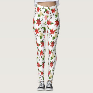 Holiday Poinsettia Red Floral Christmas Pattern  Leggings