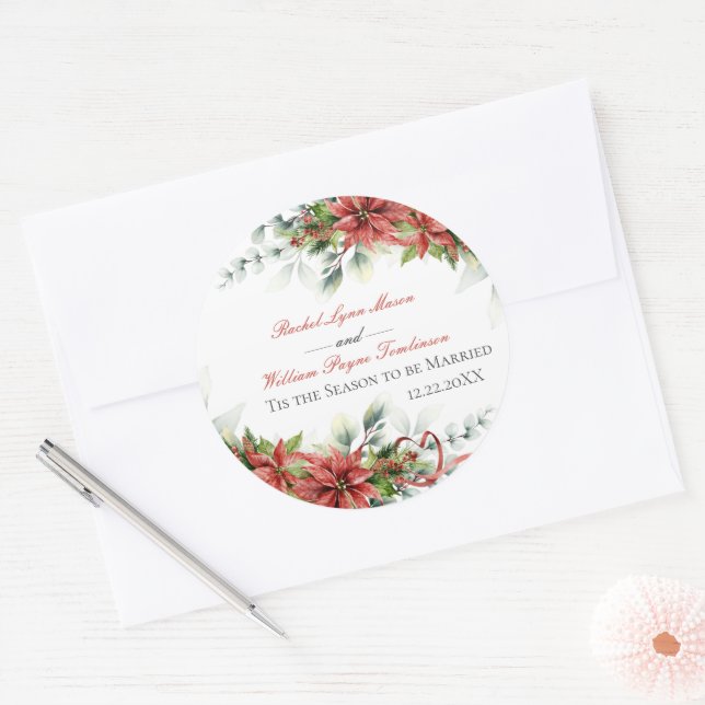 Holiday Poinsettia Wedding Classic Round Sticker (Envelope)