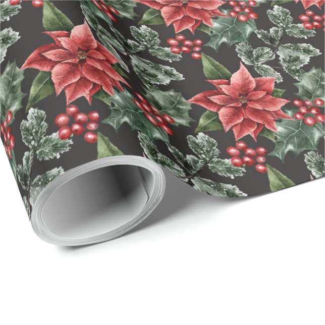 Holiday Poinsettias Holly Berries and Leaves Wrapping Paper (Roll Corner)