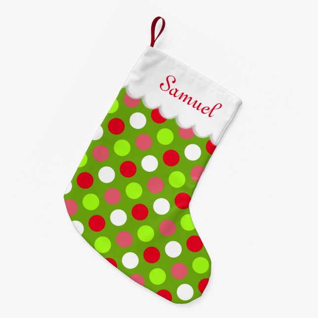 Holiday Polka Dots Personalised Small Christmas Stocking (Front (Hanging))