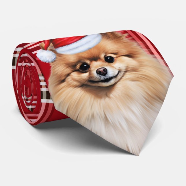 Holiday Pomeranian Dog Red Plaid Christmas Tie (Rolled)