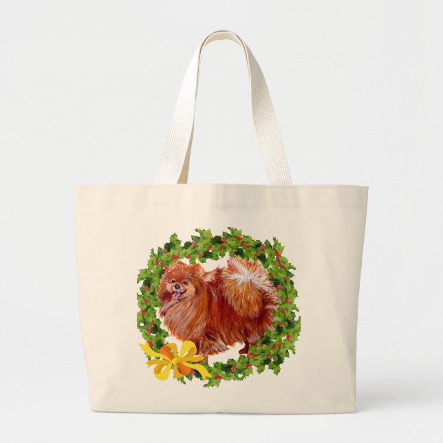 Holiday Pomeranian Large Tote Bag (Front)