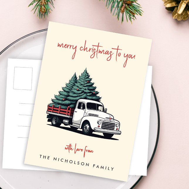 Holiday Postcard | Christmas Tree Delivery Truck (A vintage inspired delivery truck holiday postcard design with retro festive flair)