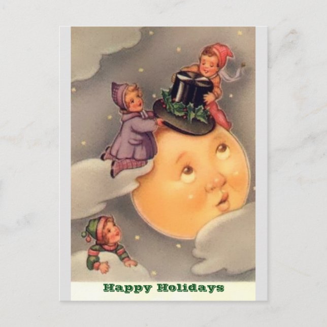 Holiday Postcards: Vintage Whimsical Moon & Kids (Front)