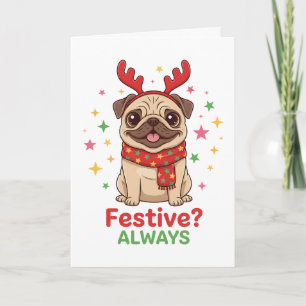 Holiday Pug Reindeer Cute Pug Xmas Card