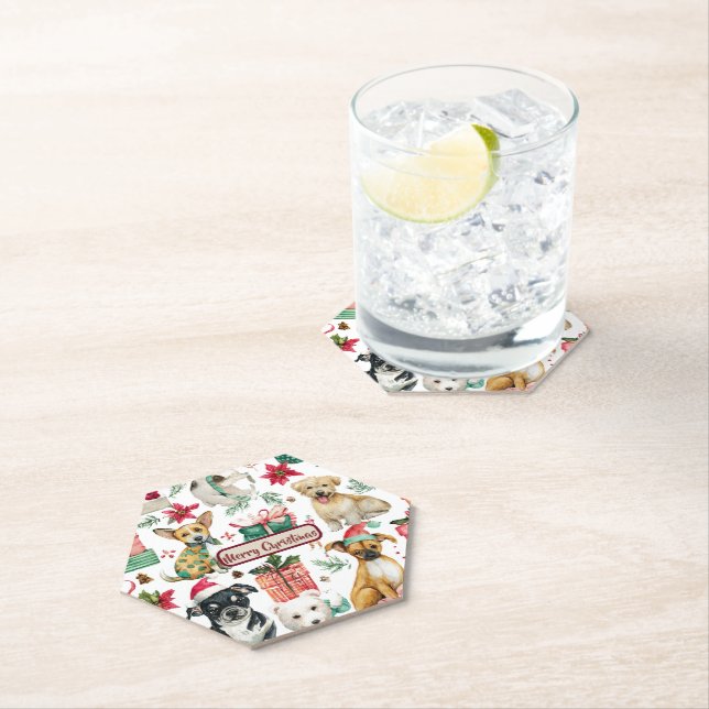 Holiday Puppy Design Watercolor Paper Coaster (Insitu)