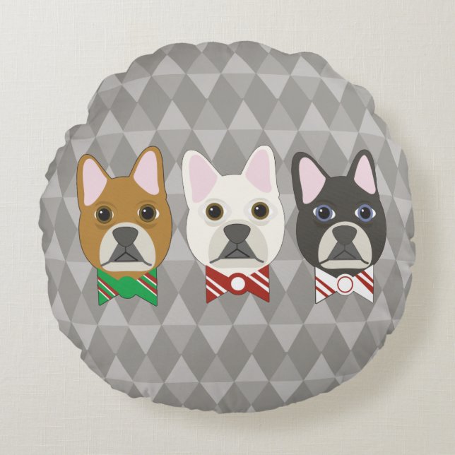 Holiday Pups Gray Diamond Round Cushion (Front)