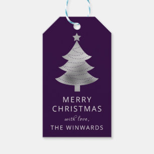 Holiday Purple and Silver Foil Christmas Tree Gift Tags