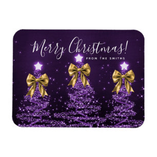 Holiday Purple Christmas Trees Greeting Gold Magnet