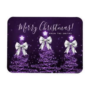 Holiday Purple Christmas Trees Greeting Silver  Magnet