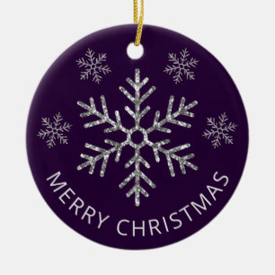 Holiday Purple  Silver Glitter Christmas Snowflake Ceramic Tree Decoration
