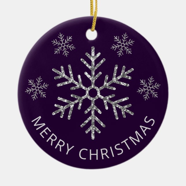 Holiday Purple  Silver Glitter Christmas Snowflake Ceramic Tree Decoration (Front)