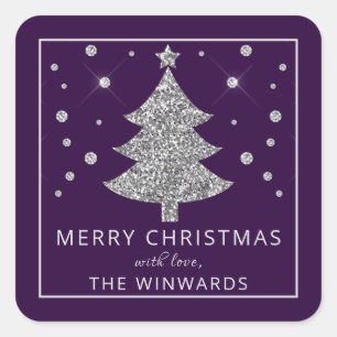 Holiday Purple & Silver Glitter Christmas Tree Square Sticker
