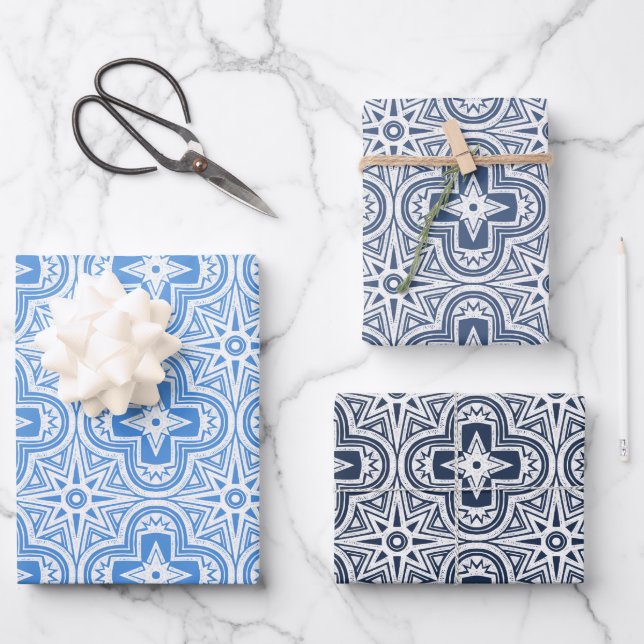 Holiday Quatrefoil in Shades of Blue Wrapping Paper Sheet (Front)