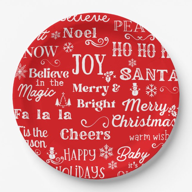 Holiday Quotes | Christmas Words Red  Paper Plate (Front)