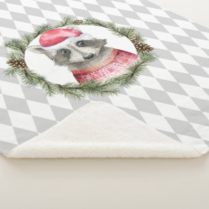 Holiday Racoon with Pastel Grey Harlequin Pattern Sherpa Blanket