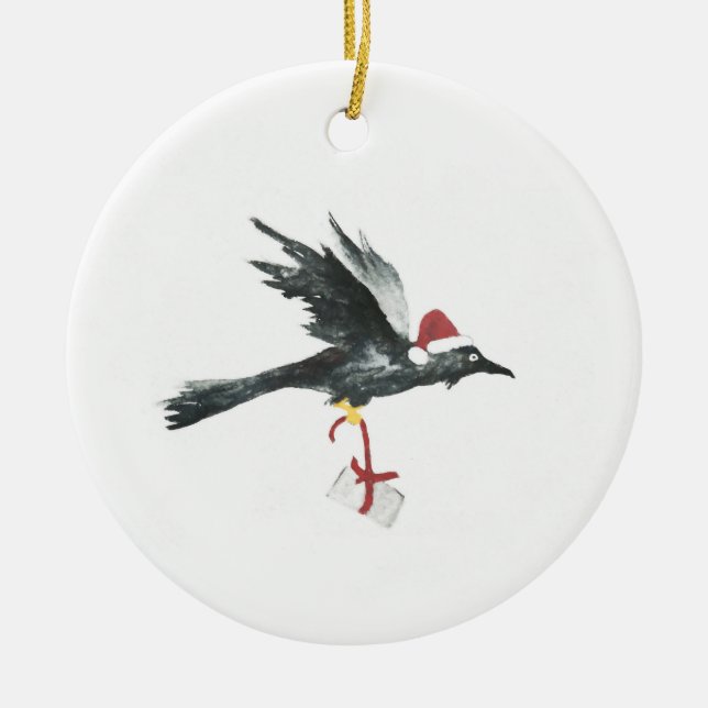Holiday raven carrying a present ceramic tree decoration (Front)