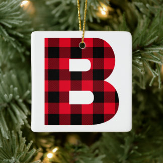 Holiday Red and Black Buffalo Plaid Monogram B Ceramic Ornament