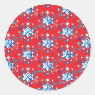 Holiday red and blue snowflakes and stars classic round sticker