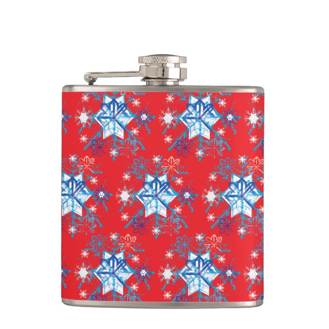 Holiday red and blue snowflakes and stars hip flask (Front)