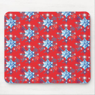Holiday red and blue snowflakes and stars mouse mat