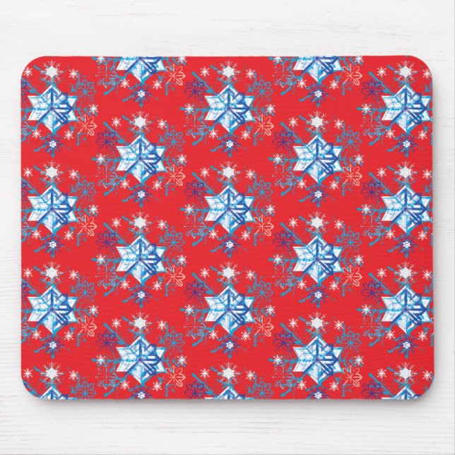 Holiday red and blue snowflakes and stars mouse mat (Front)
