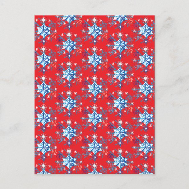 Holiday red and blue snowflakes and stars postcard (Front)