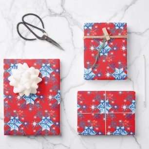 Holiday red and blue snowflakes and stars wrapping paper sheet