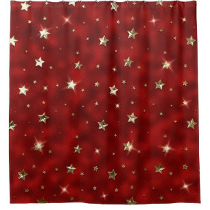 Holiday Red and Gold Faux Metal Christmas Stars Shower Curtain