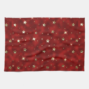 Holiday Red and Gold Faux Metal Christmas Stars Tea Towel