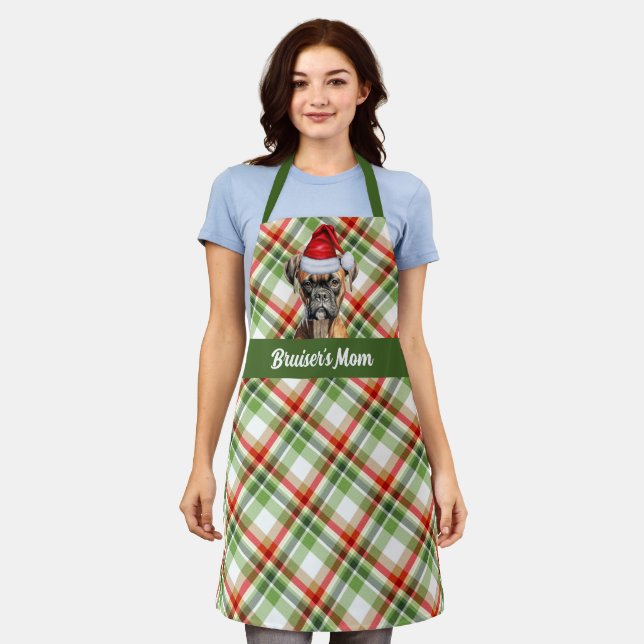 Holiday Red and Green Plaid Boxer Dog Christmas Apron (Worn)