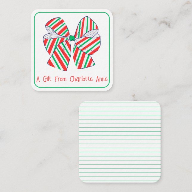 Holiday Red and Green Stripe Bow Personalised Card (Front/Back)