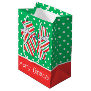 Holiday Red and Green Striped Bow Polka Dot Medium Gift Bag