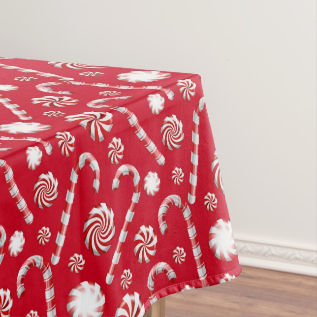 Holiday Red and White Winter Candy Cane Christmas Tablecloth (In Situ)