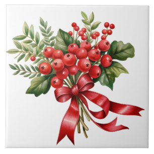 Holiday Red Berries Floral Ceramic Tile