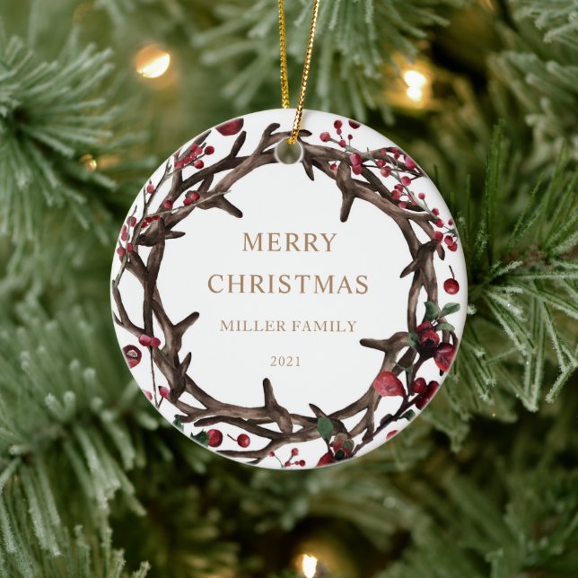 Holiday Red Berries Photo Merry Christmas Ceramic Tree Decoration (Tree)