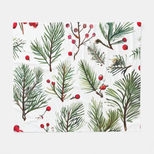 Holiday Red Berries & Pine Botanical Design Fleece Blanket (Front (Horizontal))