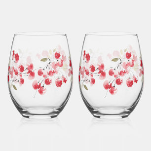 Holiday Red Berry Watercolor Christmas Drinkware Stemless Wine Glass