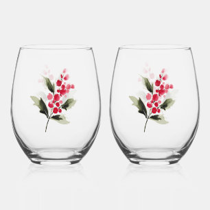 Holiday Red Berry Watercolor Christmas Stemless Wine Glass