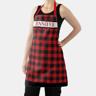 Holiday Red Black Buffalo Plaid Rustic Baking Name Apron
