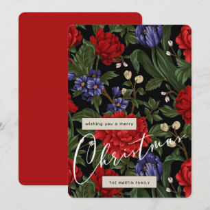 Holiday Red Black Floral Merry Christmas Script Card