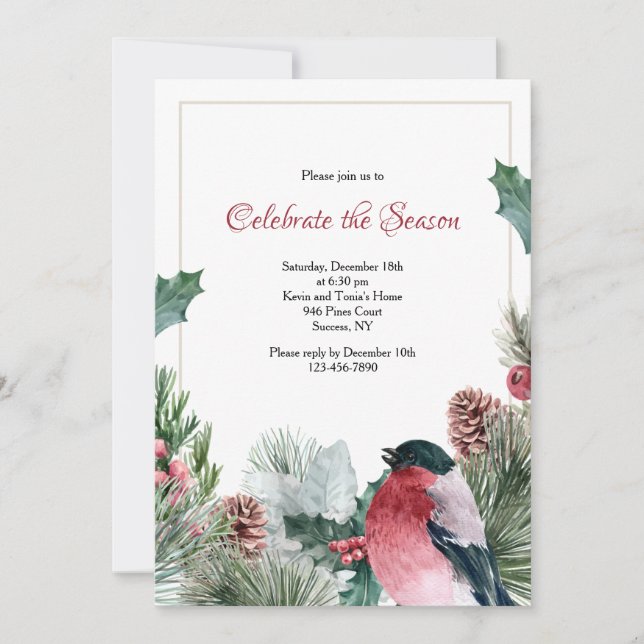 Holiday Red-breasted Bird Invitation (Front)