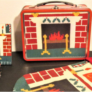 Holiday Red Bricks Fireplace Hot Crochet Print on Metal Lunch Box