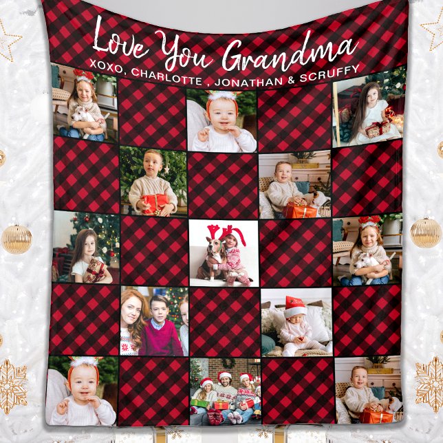 Holiday Red Buffalo Plaid Custom 13 Photo Collage Fleece Blanket (Creator Uploaded)