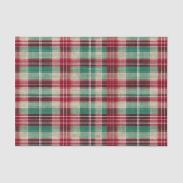 Holiday Red Cream Green Plaid Stripes Tissue Paper (Front)
