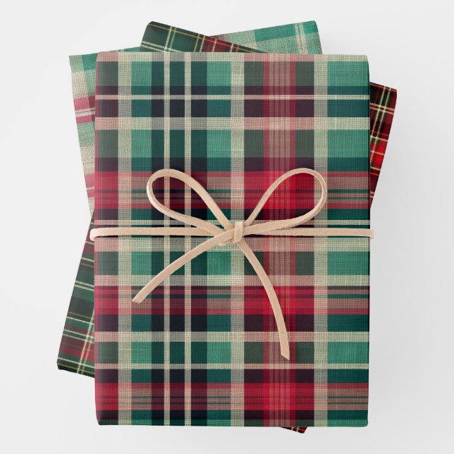 Holiday Red Cream Green Plaid Stripes Wrapping Paper Sheet (In situ)