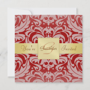 Holiday Red Damask Gold Ribbon Monogram Invitation
